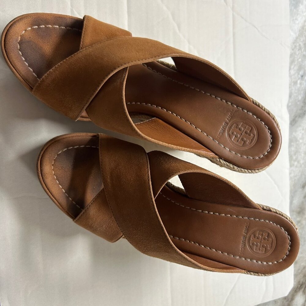Tory Burch Tan Wedge Soft Suede Sandal Size 8